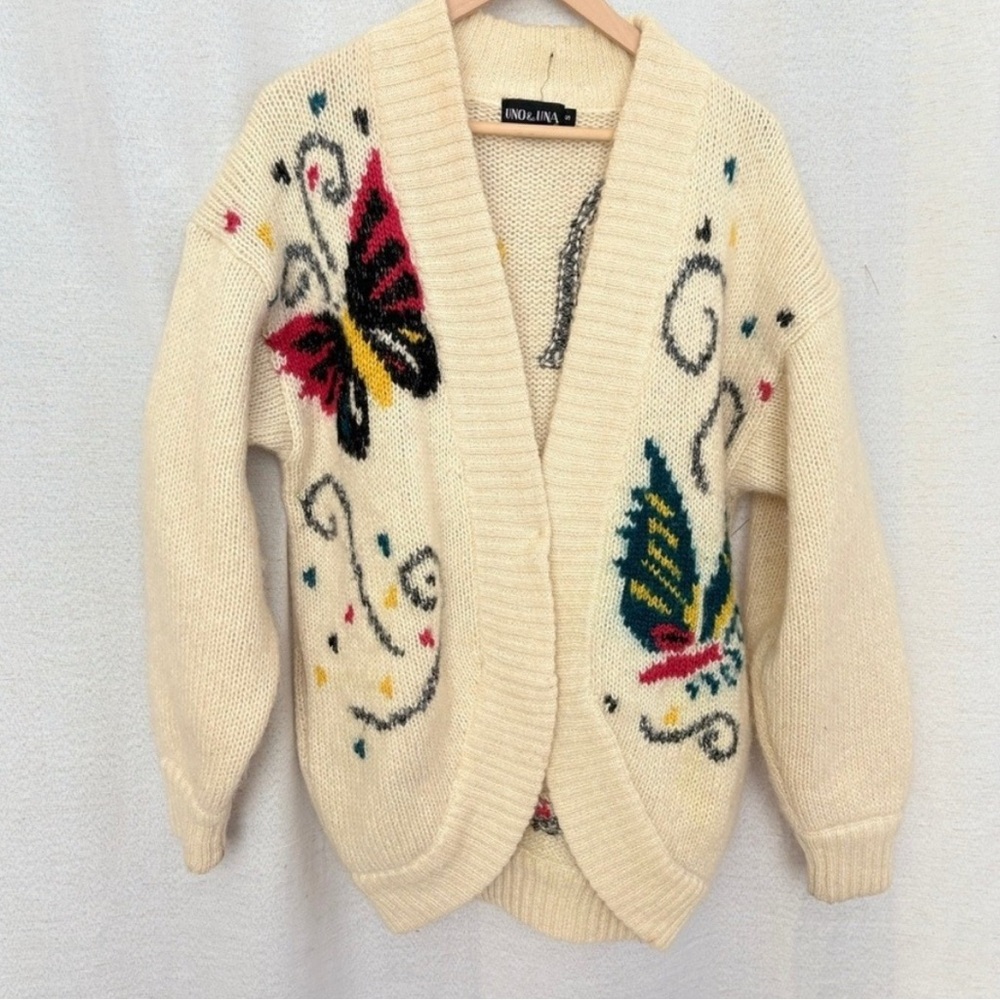 Vtg RARE UNO & UNA Butterfly Knit Cardigan Sweater Cream Wool Blend - Picture 1 of 11